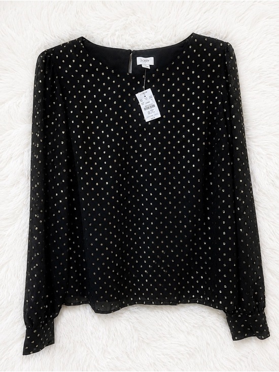 J. Crew Tops - J.Crew Black Gold Metallic Dot Long Sleeve Blouse NWT Size Large
